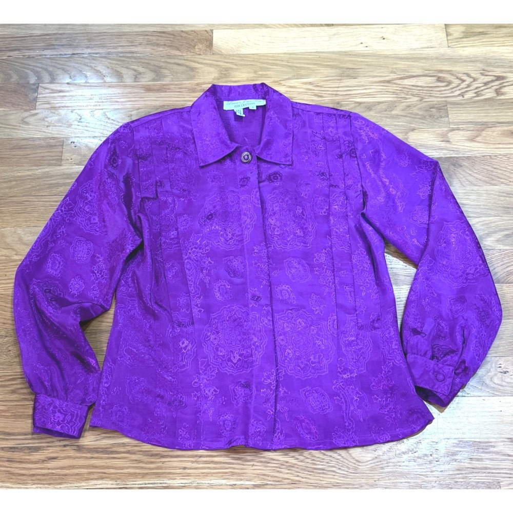 Vintage Laura & Jayne Blue Collection Purple Jacquard Blouse Women's Sz 4